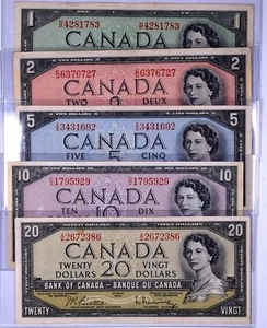 1954 5 Bank of Canada Canadian Bank/British American Bank Notes $1 $2 $5 $10 $20 - Picture 1 of 11