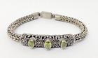 Sterling Silver Woven Cable Link Chain Bracelet Green Gem Stones