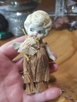 Antique vintage 1920s ceramic dollhouse doll. original crepe paper dress - Image 1 of 4