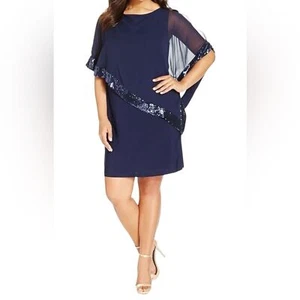 Xscape Capelet Mini Dress Navy Blue Sequin Trim Sheath Sheer Cape 2OW NWT - Picture 1 of 11