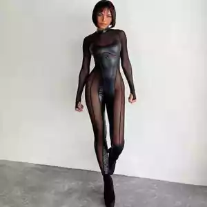 ❤Wetlook Damen Overall Schwarz Netz & Zipper – Sexy Clubwear Catsuit 38-40❤ - Bild 1 von 11