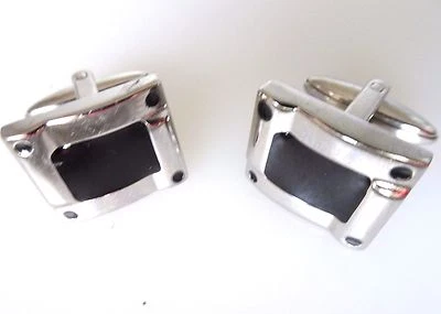 Мужские запонки из нержавеющей стали полированные с дизайном из черной эмали  - Изображение 1 из 4