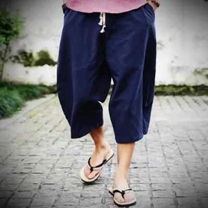 Mens Linen Cotton Capri Pants Harem Loose Baggy Shorts Plain Chinese Casual Soft - Picture 1 of 16