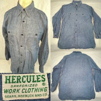 Винтажная мужская рабочая рубашка 40-х 50-х годов средний размер Sears Hercules на пуговицах цвет шамбре с длинным рукавом - Изображение 1 из 4