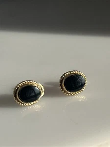 VINTAGE SCHWARZER ONYX GOLD GEFÜLLT OHRRINGE DURCHBOHRT RETRO OVAL SEIL RAND 10X7MM 2B - Bild 1 von 4