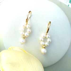 Clásico Raro Natural Blanco AAA+Akoya Perla Kintada a Mano Pendientes Gancho Oro 14k P - Imagen 1 de 5