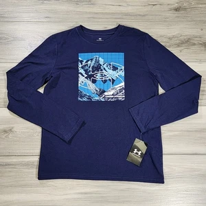 Under Armour T-Shirt Youth YLG Navy Long Sleeve Mountain New - Picture 1 of 7
