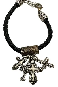 Ornate Cross Bracelet Braided Leather Cord Religious Charms Fashion Gothic - Picture 1 of 7