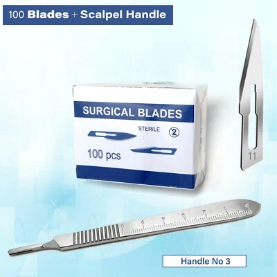 100 pcs Carbon Steel Sterile Surgical Scalpel Blades #11 + Graduated Handle No 3 - Image 1 of 4