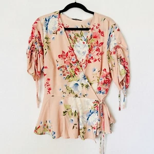 Shein Curve Pink Floral Wrap Peplum Top Plus Size Ruched Gathered Sleeve Blouse - Picture 1 of 6