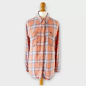 Abercrombie & Fitch Plaid Shirt Size M Peach Blue Tartan Check Casual Soft - Picture 1 of 11