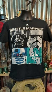 Star Wars MLB Seattle Mariners Majestic T-shirt Tee Black Sz M Darth Vader R2-D2 - Picture 1 of 6