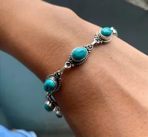 Turquoise Gemstone 925 sterling Silver Handmade Women Adjustable Bracelet, M51 - Picture 1 of 5