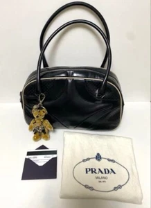 PRADA Vintage Leather Bowling Bag Handbag Black With Bear Charm Used Authentic - Picture 1 of 13