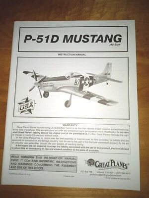 Great Planes P-51D Mustang .40 Size Manual Instruction Book P540P03  - Image 1 of 4