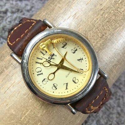 Винтажные мужские кварцевые аналоговые часы Stylex Scissor платье коричневая кожа 33 мм 7 1/2 дюйма - Изображение 1 из 4