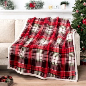 Christmas Plaid Blanket | Sherpa Fleece Flannel Throw Blanket | Christmas Pla... - Picture 1 of 9