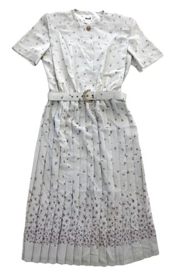 Vintage Leslie Fay Green Floral Short Sleeve Pleated Modest Secretary Dress 10 - Image 1 of 4