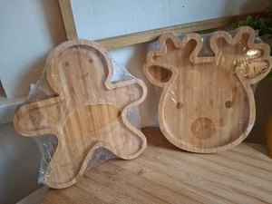 2 Bamboo Snowman+Reindeer Mini Charcuterie Boards/ Childrens Plates New Holiday - Picture 1 of 18