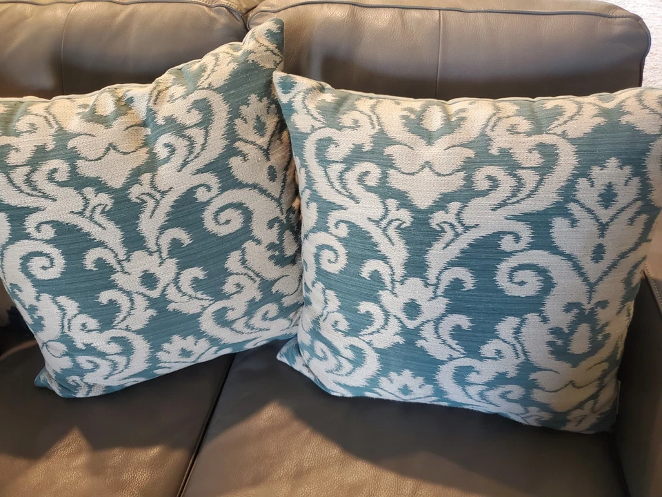 Set of 2 Studio Chic Teal Blue & Ivory Damask Pattern Throw Pillows - 19" x 19" - Image 1 of 4