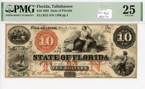 1863 $10 Estado de Florida, Tallahassee. PMG 25 VF - Imagen 1 de 2