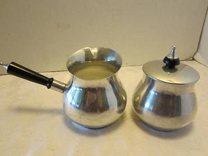 Vintage ALUMINUM set SUGAR & CREAMER Bakelite Handle & knob Atomic SPAIN 1960's - Picture 1 of 4