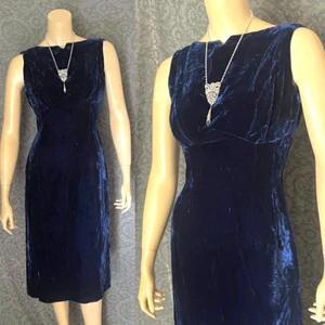 Killer Bombshell 1950s Royal Blue Velvet Wiggle Dress, VLV, Empire Waist, P / S - Picture 1 of 9