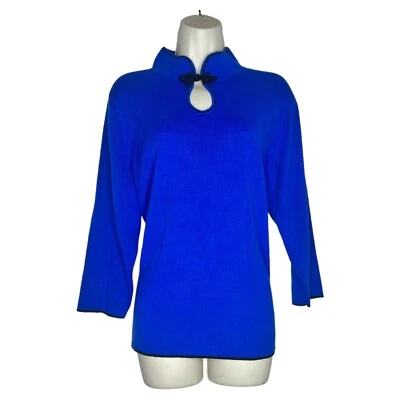 Evie Sweater Women’s Pullover Blue/Black Trim Mandarin Collar Keyhole Sz 2x - Image 1 of 3