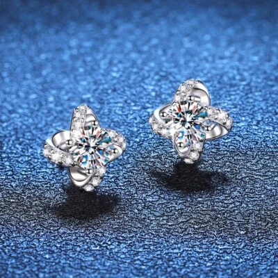 1.5CT Moissanite 4 Star Shape Stud Earrings 14k White Gold-Plated in Silver - Image 1 of 4