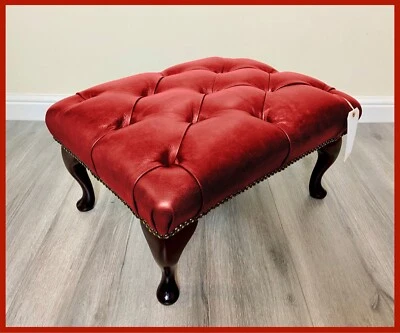 Chesterfield Queen Anne Button Red Faux Leather Footstool - Image 1 of 4