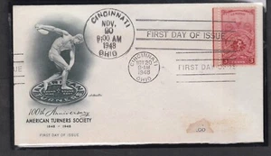 USA 1948 FDC AMERICAN TURNERS SOC 2 DIFFERENT POSTMARKS ON ONE COVER+ CACHET - Picture 1 of 1