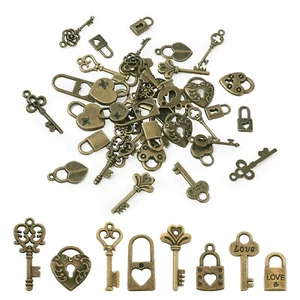 1Box Nickel Free Antique Bronze Key and Heart Lock Tibetan Alloy Pendants Charms - Picture 1 of 12