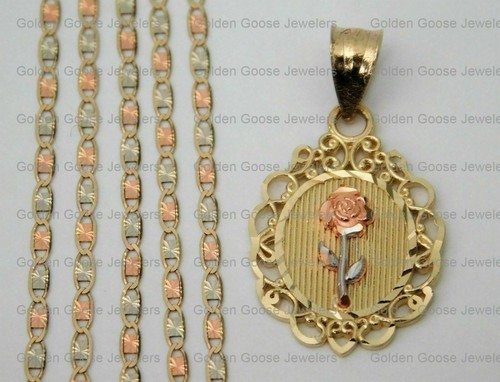 Ciondolo spilla fiore oro giallo rosa bianco 14 kt catena Valentino 16" 24"