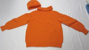 Vintage - Hand Knit (Child) Orange Cable Sweater with Hat (1970 - 80's) - Picture 1 of 9