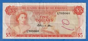 Bahamas $5 1974 P-37b Circulated Note Queen Elizabeth II L703060 - Picture 1 of 3