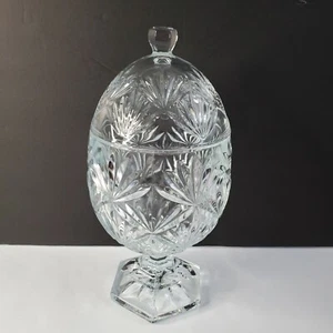 Vintage Egg Shape Cut Crystal Glass Pedestle Candy Dish With Lid Gorgeous - Picture 1 of 12