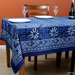 Baumwolle Hand Blockdruck Tischdecke Rechteck Wandteppich Bettlaken Queen Indigo Blau - Bild 1 von 6