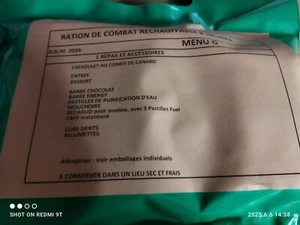 PORT OFFERT 1 ration de combat réchauffable, 8 heures DDM 26 Menu G CASSOULET - Imagen 1 de 1