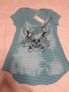 Ed Hardy Y2K Ombre Dyed Skull T-Shirt, Love Kills Slowly With Blk Rhinestones XS - Picture 1 of 6