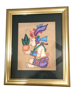 Vintage Aztec Maya Hand Painting on Leather of Ancient Maize Corn God Framed - Picture 1 of 7