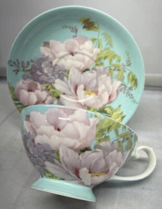 Teal Pink Roses Floral Footed Cup And Saucer Set Stechcol Bone China New - Picture 1 of 3