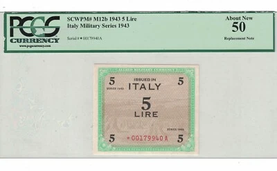 ITALY 5 Lire 1943 Replacement/ Star PICK# M12b* PCGS: 50 AUNC. (#2474) - Image 1 of 2