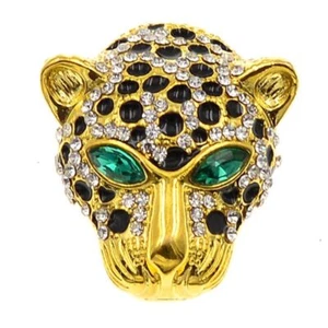 Leopard Head Brooch Cheetah Cat Rhinestone Pin Panther Enamel Crystal Green Eyes - Picture 1 of 14