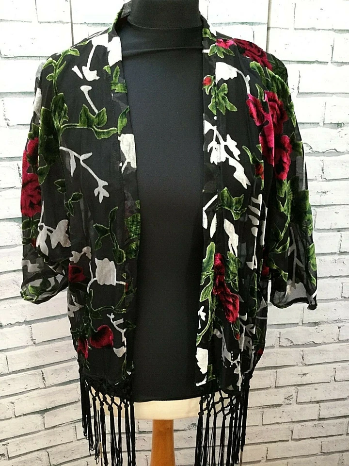 Blogger Devore Fringed Floral Pattern Open Front Kimono Cover Up UK 14 - Image 1 of 4