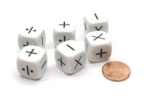 Pack of 6 Opaque Math Operator 4 Function (+,-,X,/) 16mm Dice - White with Black - Picture 1 of 1