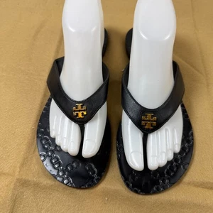 Tory Burch Monroe Black Leather Logo Flip Flops Womens Size 8M Embossed Sole - Picture 1 of 10