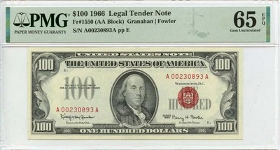1966 $100 Legal Tender Note Red Seal Fr# 1550 PMG Gem65 EPQ - Image 1 of 2