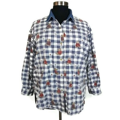 Блузка женская на пуговицах в клетку с медвежьим принтом 100% хлопок размер 22 - Изображение 1 из 4