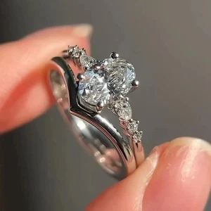 2.50 CTW Oval Cut Moissanite Bridal Engagement Ring Set 14k White Gold Plated - Picture 1 of 10