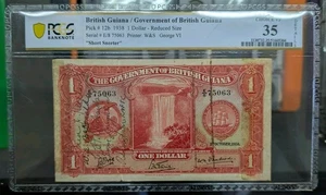 1938 British Guiana 1 Dollar. Pick #12b. WW2 SHORT SNORTER. RAFTC. PCGS VF35 - Picture 1 of 4
